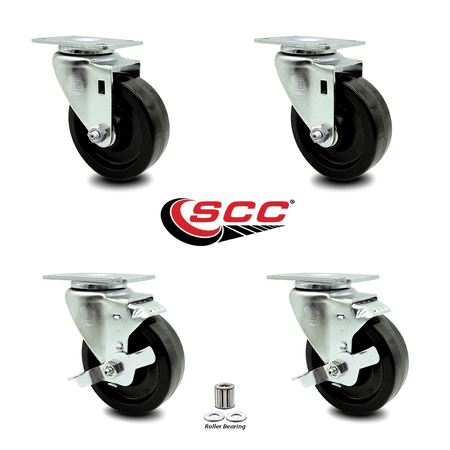 Service Caster 4 Inch Phenolic Wheel Swivel Top Plate Caster Set with 2 Brakes SCC-20S414-PHR-TP2-2-TLB-2